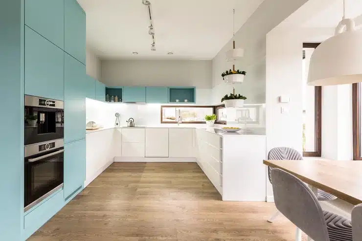 Black and walnut color combination in kitchen cabinet design