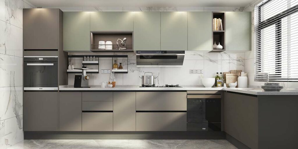 A kitchen with grey cabinets and white counter tops.