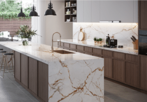 A modern kitchen with Dekton counter tops.