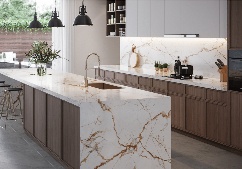 A modern kitchen with Dekton counter tops.