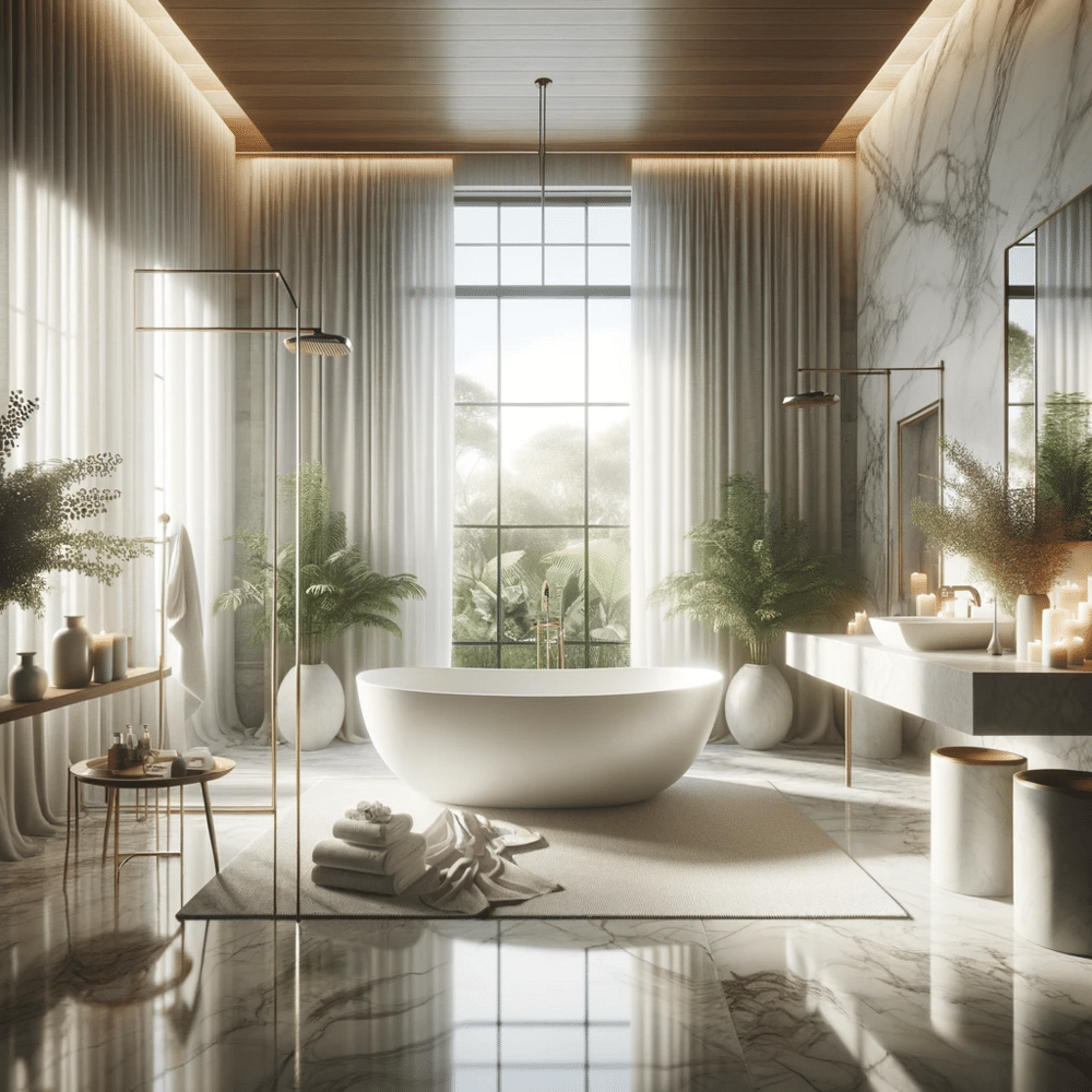 How to design a spa-like bathroom with a large tub and a large window.