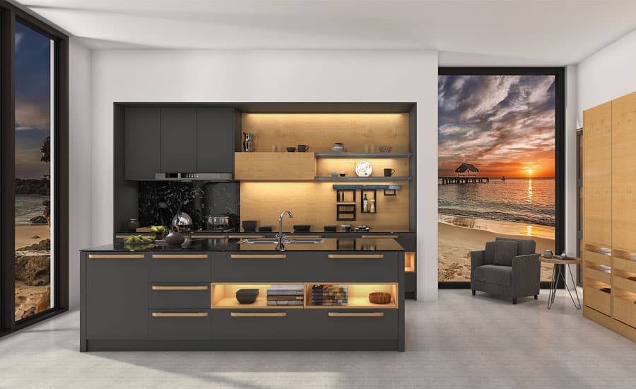A kitchen with a view of the beach.