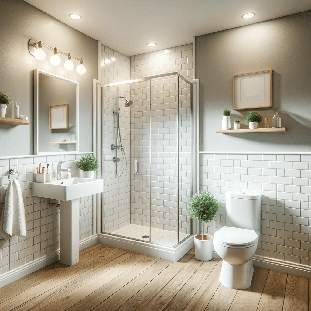 Looking for bathroom renovation ideas on a budget? Check out this bathroom with a walk-in shower, toilet, and sink.
