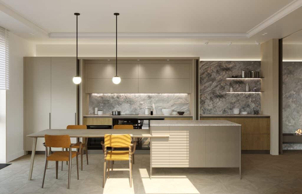 A 3D rendering of a kitchen with a dining table and chairs showcasing Vancouver kitchen renovation costs.