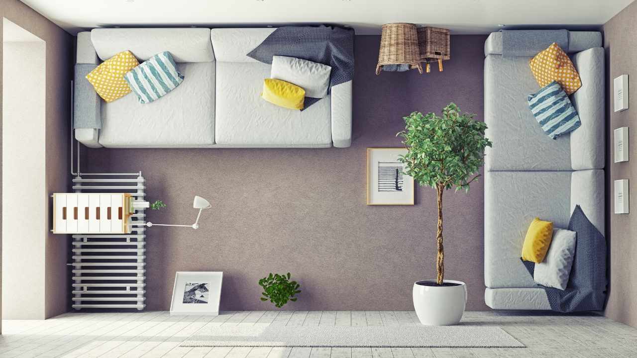 3d rendering of a living room with a couch and a chair.
