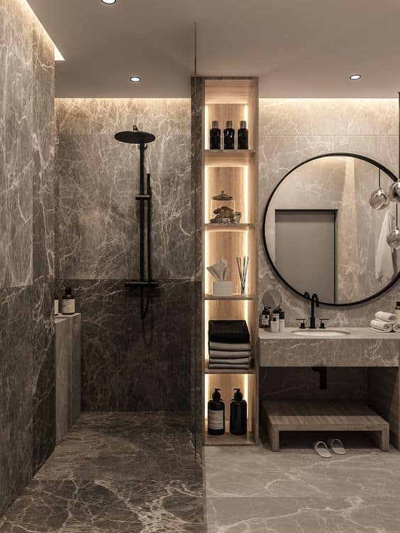 A modern bathroom with a marble tub.