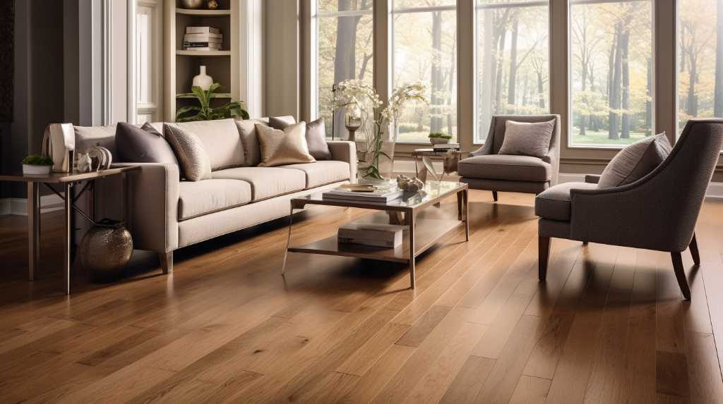 A living room with hardwood floors and furniture.