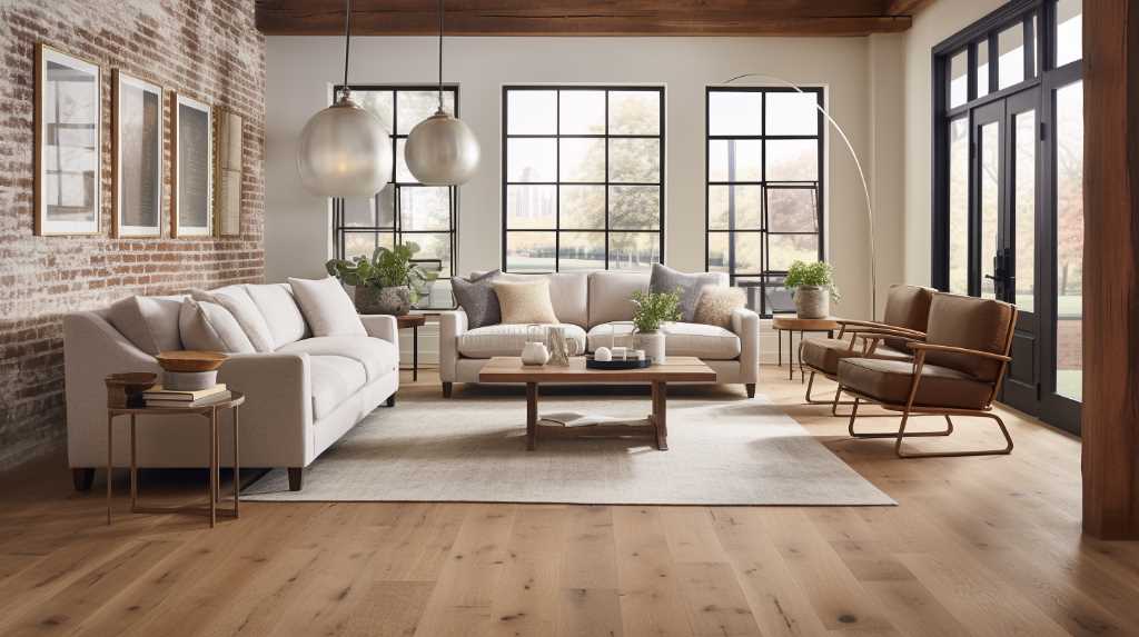 A living room with hardwood floors and a brick wall.