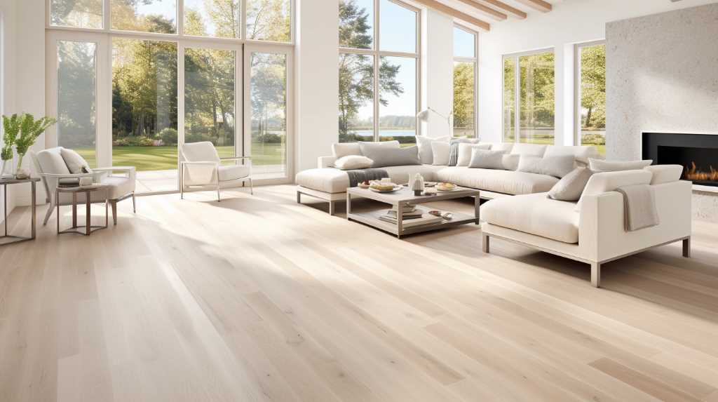 A living room with white wood floors and large windows.