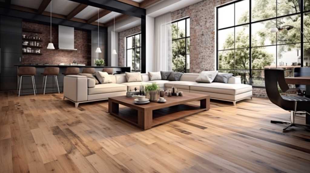 A living room with wood floors and large windows.