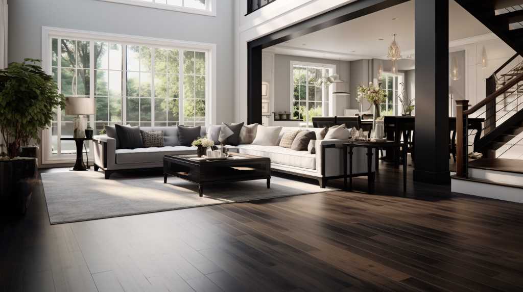 A living room with hardwood floors and stairs.