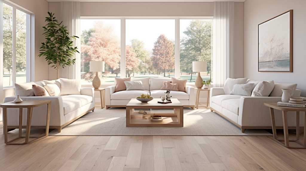 A living room with white furniture and hardwood floors.