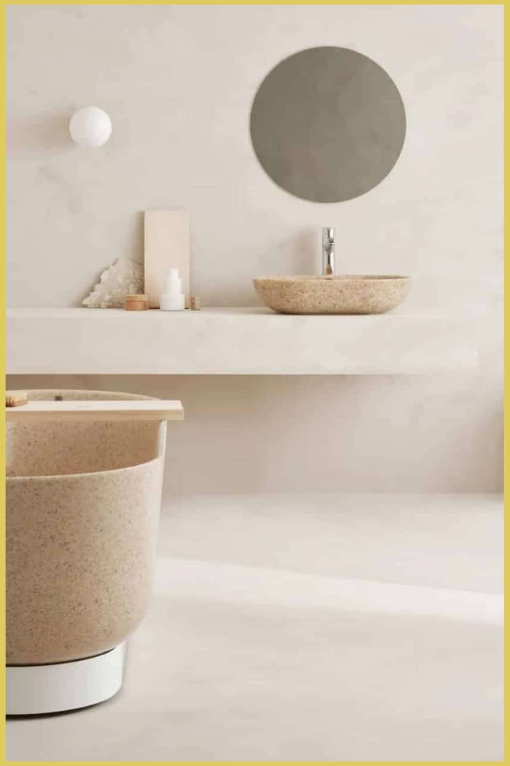 A bathroom with a sink, mirror, and toilets made from leftover wood chips.