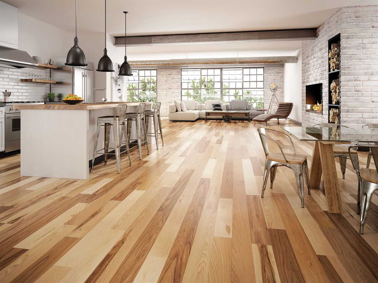A kitchen with hardwood floors and white walls.