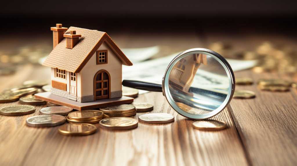 A magnifying glass with a house and coins on a wooden table.