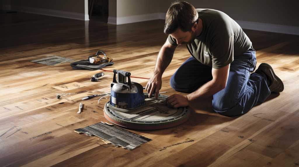 A man is working on a wooden floor.