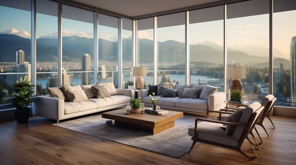 a view of a living room filled with furniture and a large window
