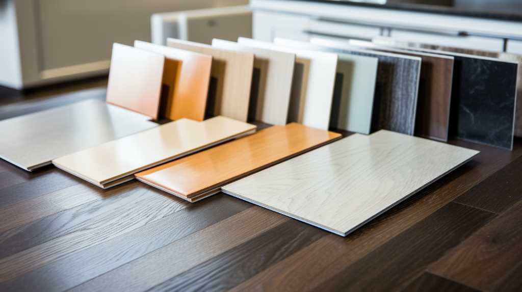 A variety of laminate flooring options on a wooden floor.