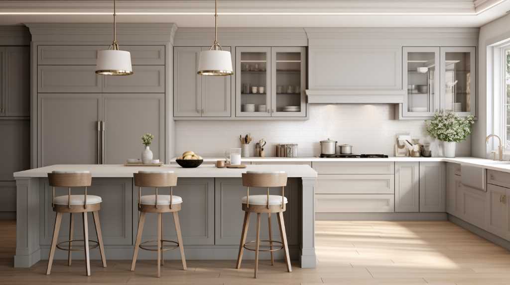 A modern kitchen with light gray cabinets, a central island with three wooden stools, two pendant lights, built-in appliances, and a large window providing natural light.