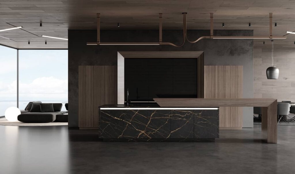 Modern kitchen with dark marble island, wood accents, minimalist cabinetry by Kitchen Cabinets Vancouver, and open plan design; living area and large windows visible in the background.