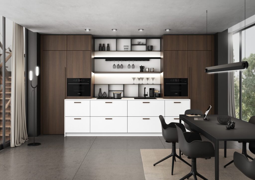 Modern kitchen with white lower cabinets, dark wood upper cabinetry, open shelves with dishes, built-in appliances, and a black dining table with chairs on a light rug.