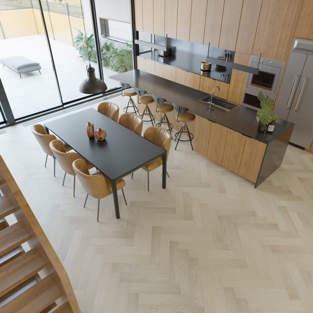 Torlys ivory herringbone flooring in a bright Vancouver loft