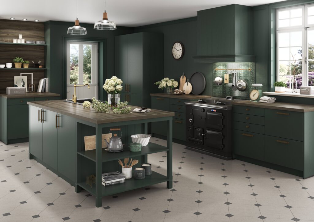 Deep green shaker European kitchen cabinets from the Bauformat series