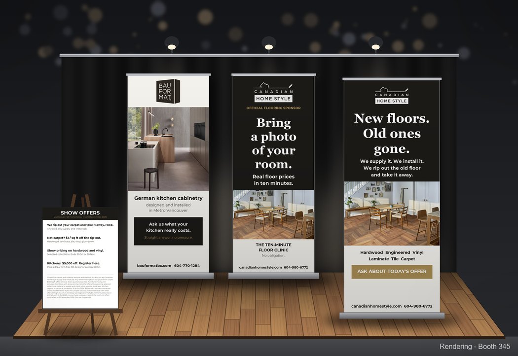 Rendering of Canadian Home Style Booth 345 at the 2026 Vancouver Fall Home Show, with the Floor Clinic, flooring and Bauformat banners