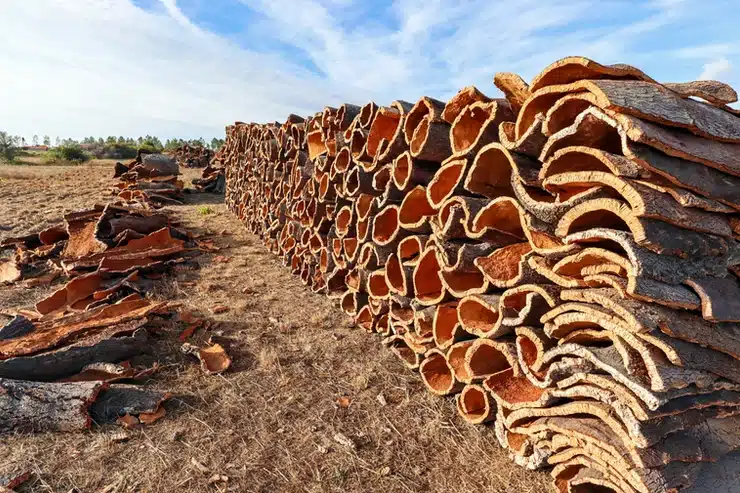 A pile of logs stacked on top of each other, resembling cork flooring.