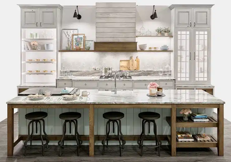 A kitchen with a **unique** large island and stools, capturing the **essence** of functionality and style.