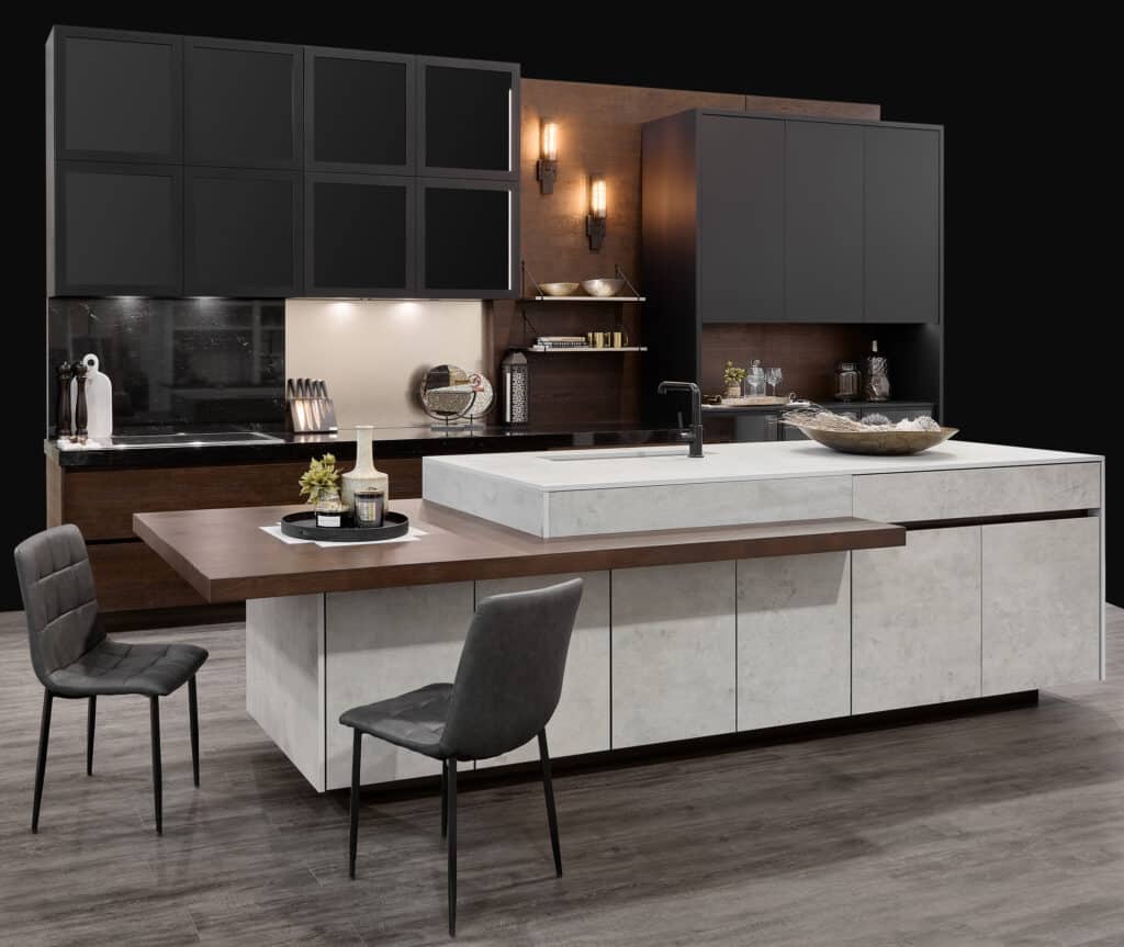 A modern kitchen with a black island and chairs featuring kitchen and bath design elements.