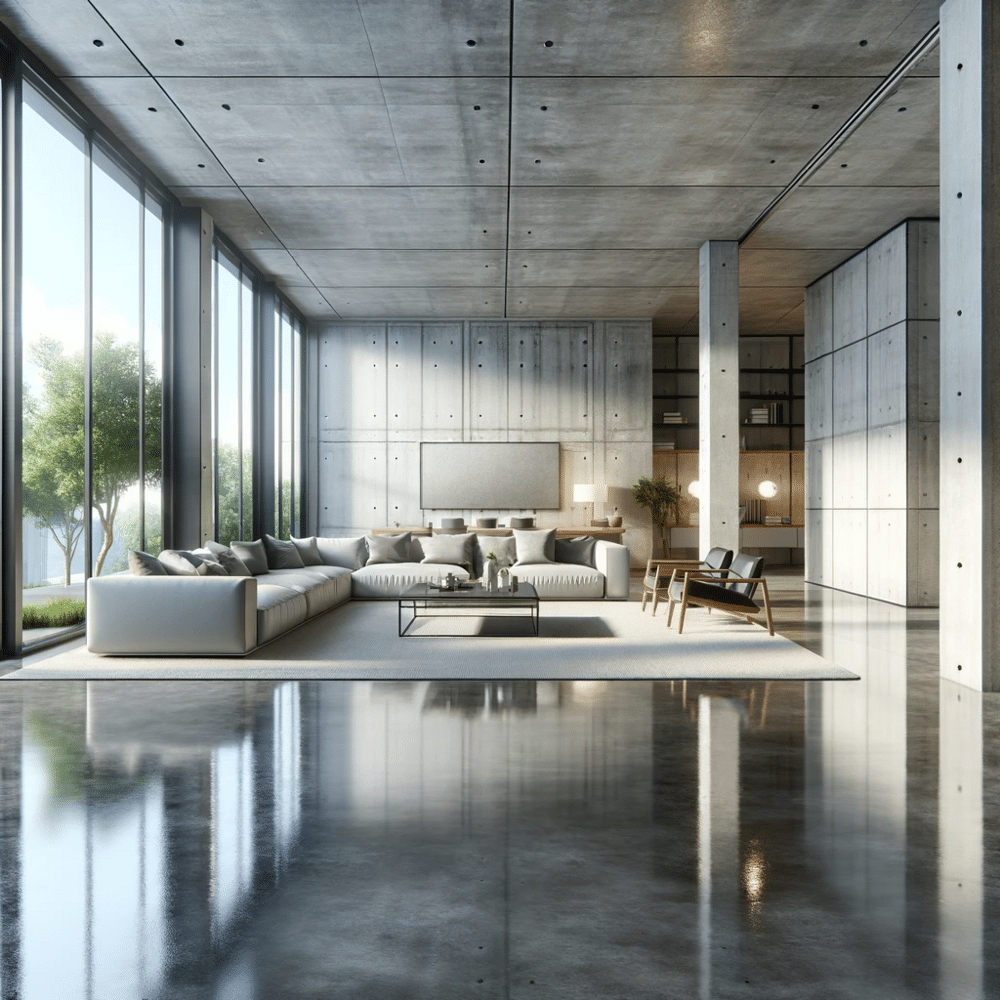 A modern living room with concrete flooring, concrete walls and large windows.