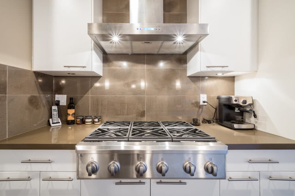 A high-end stainless steel stove top.