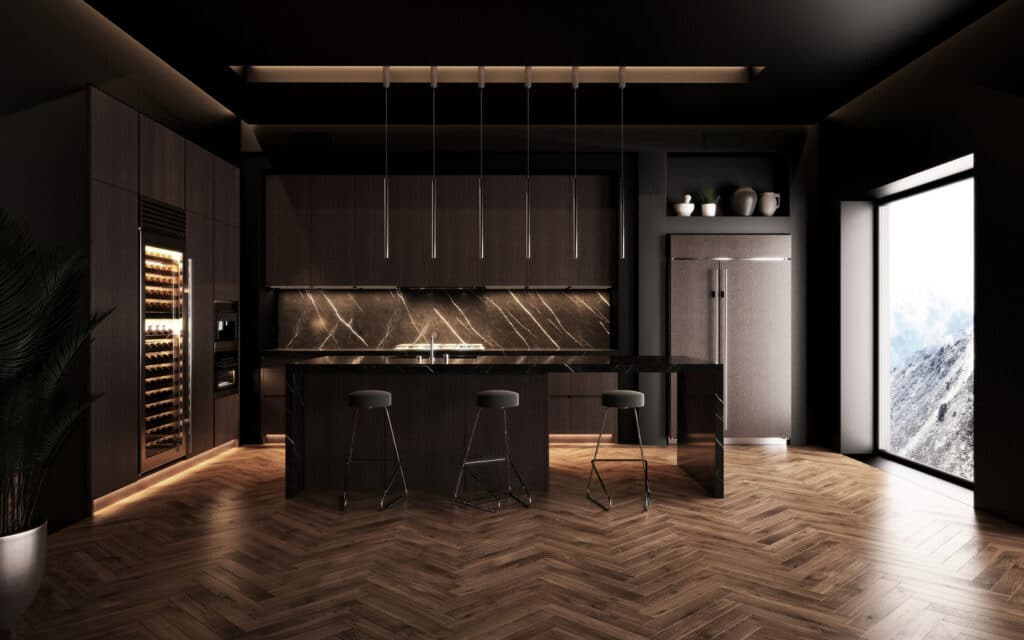 A modern kitchen with a view of the mountains.