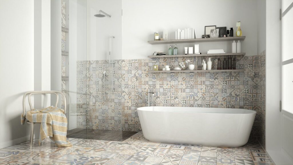 A bathroom with tiled walls and a bathtub. Painting Tips for Bathrooms