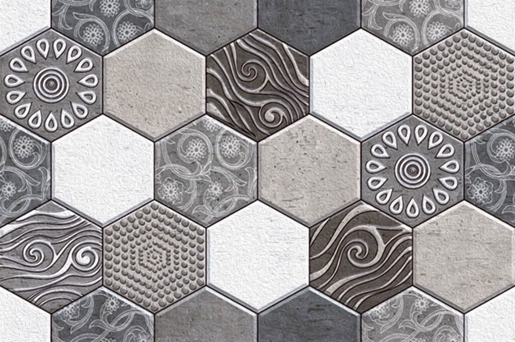 A grey and white tile with a hexagon pattern.