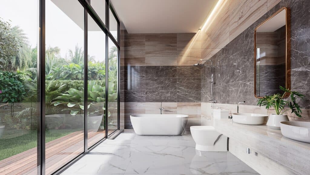 A modern bathroom design featuring a large glass window.