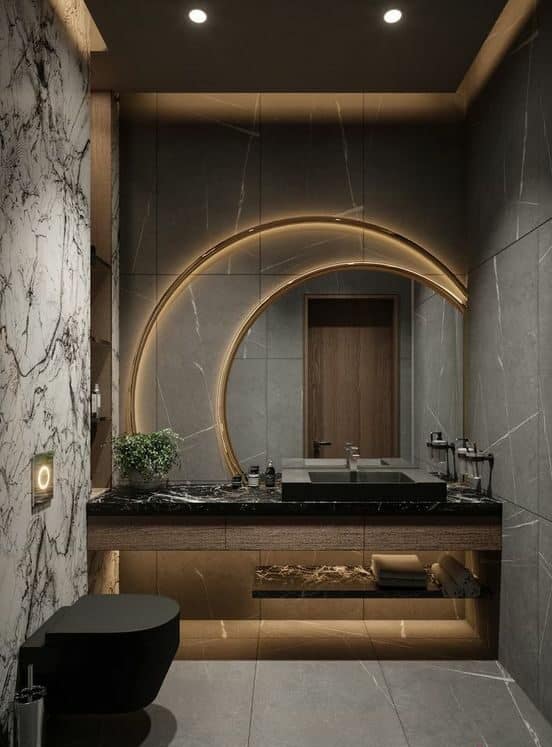 Black Powder Room with Brass Pendant Lights - Contemporary