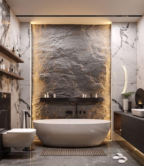A modern bathroom featuring the latest 2023 design trends with elegant marble walls and a luxurious bathtub.