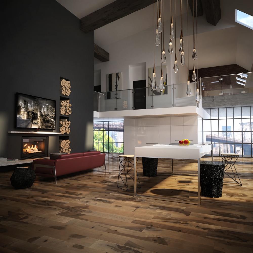 A modern living room with wood flooring.