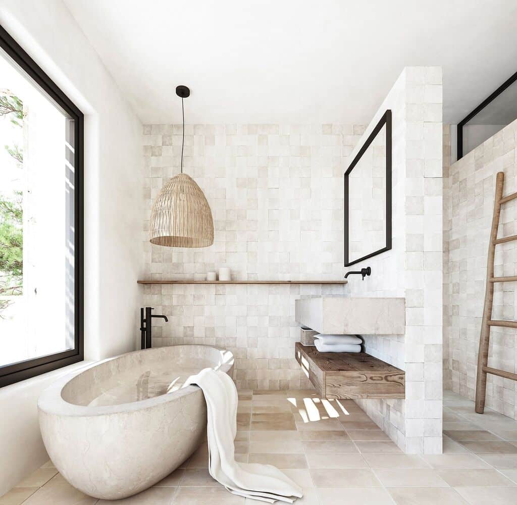 Discover how to design a spa-like bathroom with a white tub and wooden ladder.