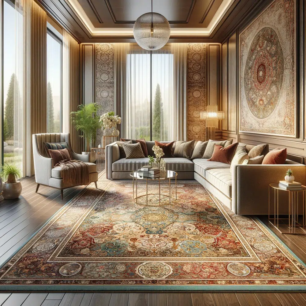  An elegant living room with a large rug showcasing the benefits of carpet flooring.