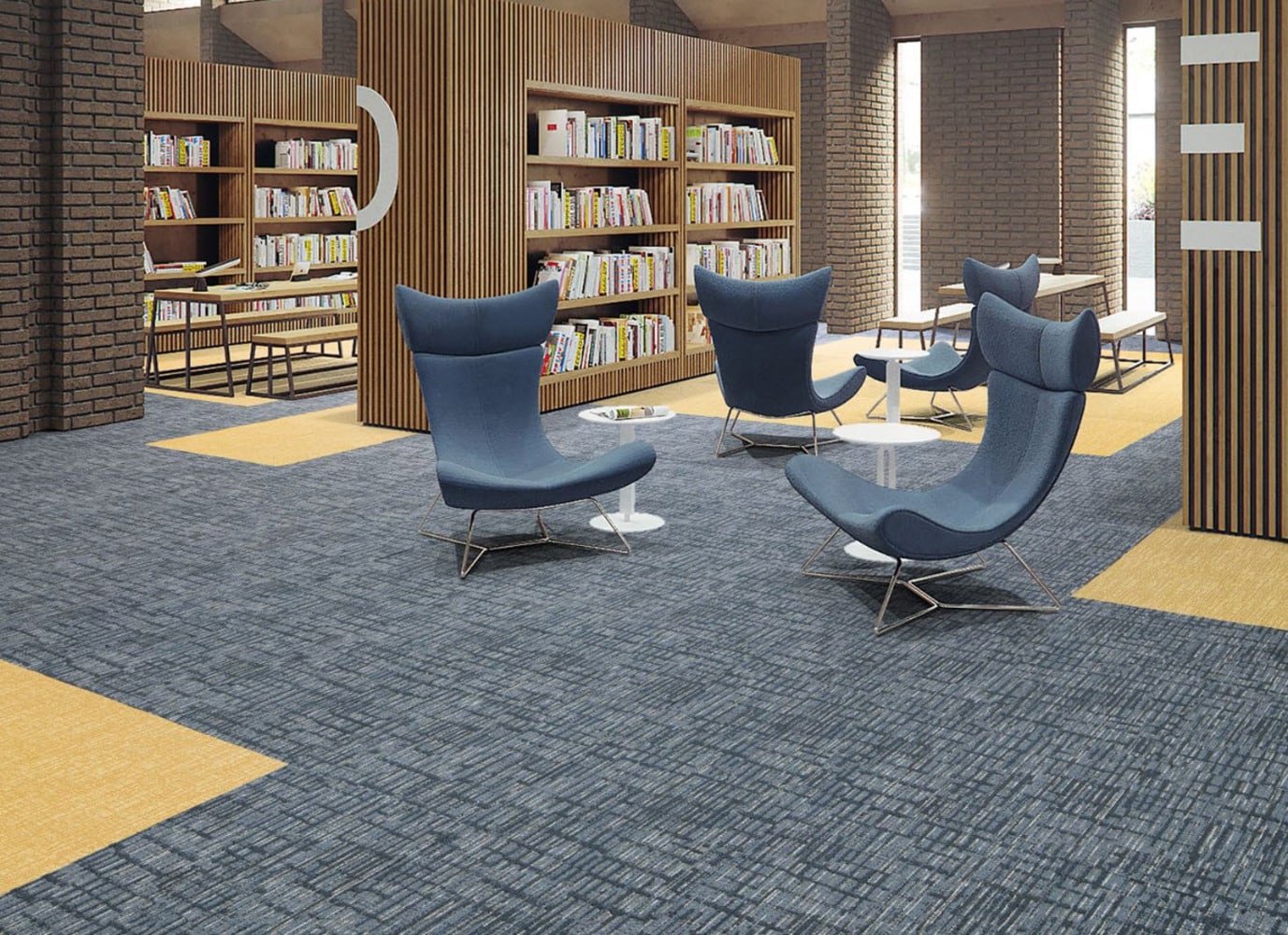 Carpets Tiles Vancouver BC: A library with blue chairs, bookshelves, and carpet tiles.