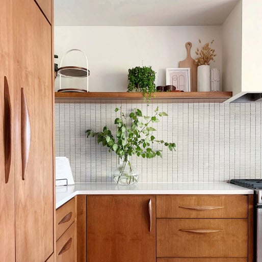 A Mid Century Modern kitchen featuring wood cabinets and a plant on the counter.