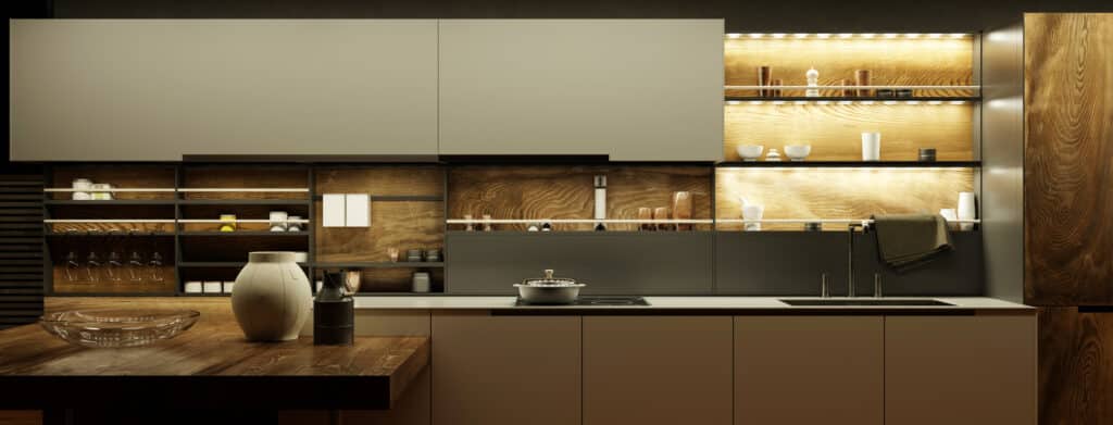 An image of a modern kitchen with wooden cabinets and modern lighting.