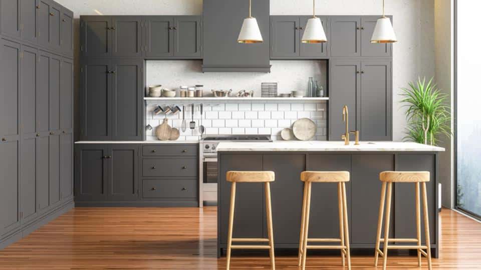 A kitchen with gray cabinets and stools featuring laminate flooring installation.