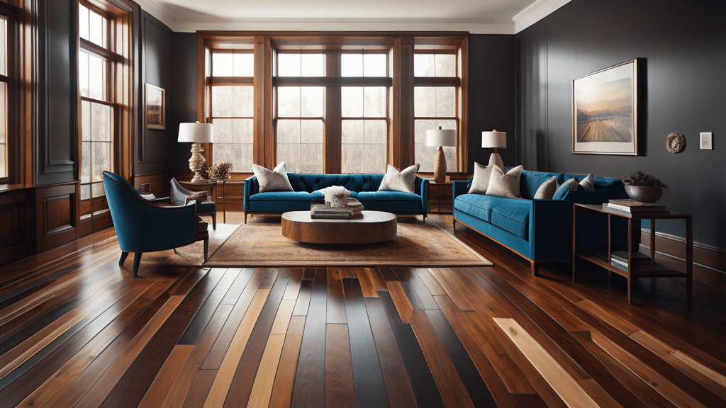 A living room with wood floors and a level subfloor.