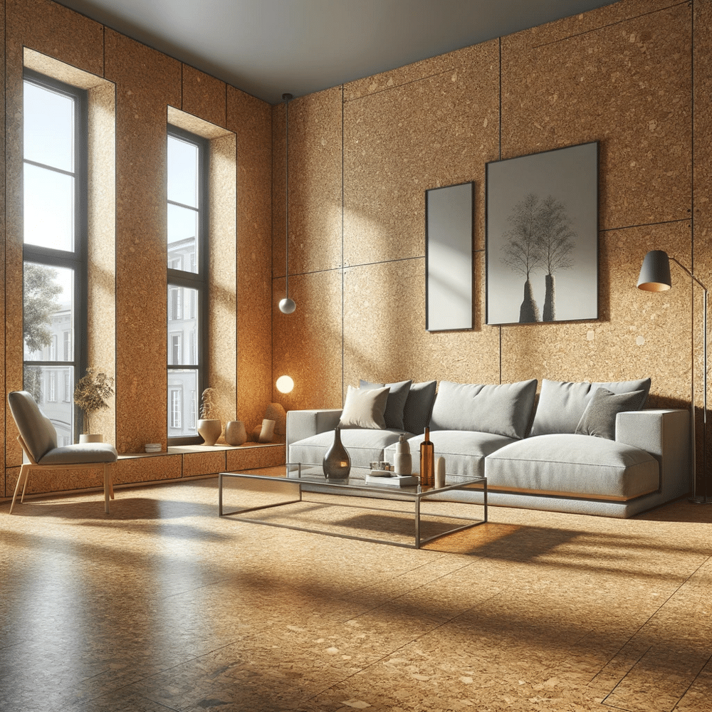 Vancouver cork flooring - 3d rendering of a living room with cork walls and cork flooring.