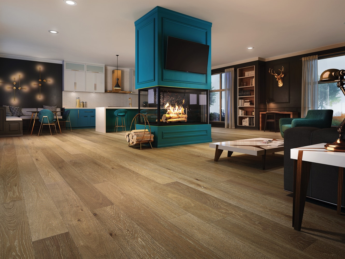 A living room with hardwood floors and a fireplace.