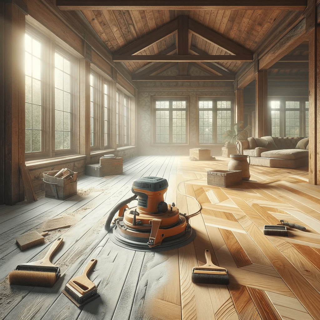 A room with wood floors undergoing sanding and refinishing in West Vancouver, accompanied by a vacuum cleaner.